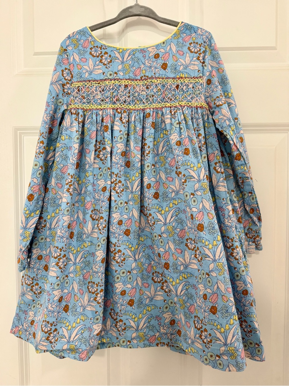 Mini Boden Blue Floral Smocked Long-Sleeve Dress